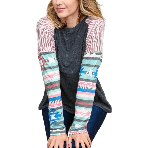 NEW HAPTICS DISTRESSED JACQUARD DOLMAN AZTEC THERMAL TOP - Picture 2 of 5